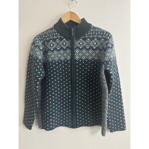 Lands End Sweater Womens Small Full Zip Cardigan Fair Isle VTG Green Nordic Wool